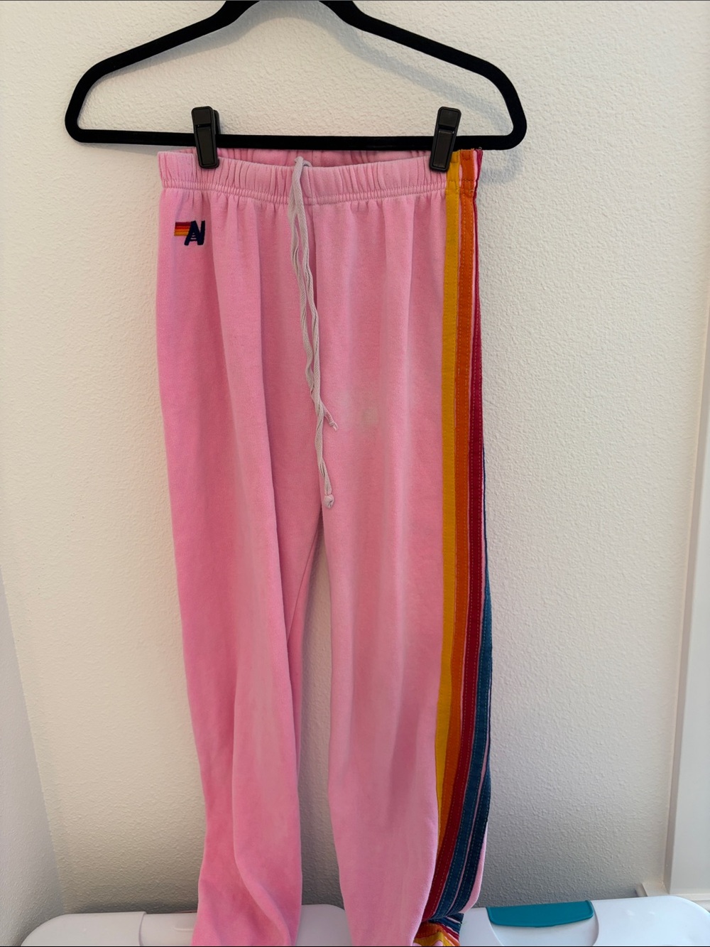 Aviator Nation Pink Track Pants with Rainbow Side Stripes